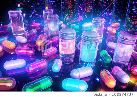 Background with pills and capsules in neon blue and purple colors. Medical drug or dietary supplement concept. Generated AI. 108874737