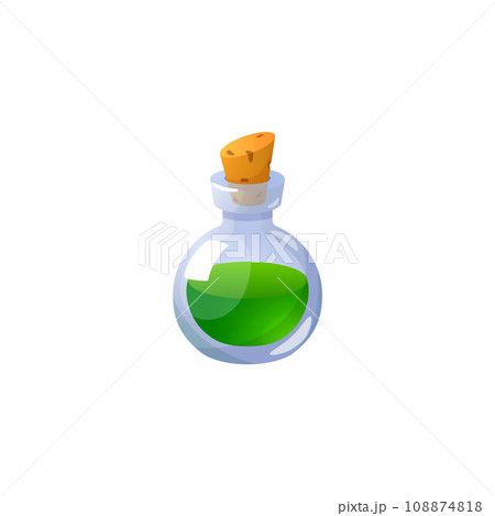 Magic green potion flask, vector glass bottle with a corkwood plug and elixir inside, witch poison gui game asset menu 108874818