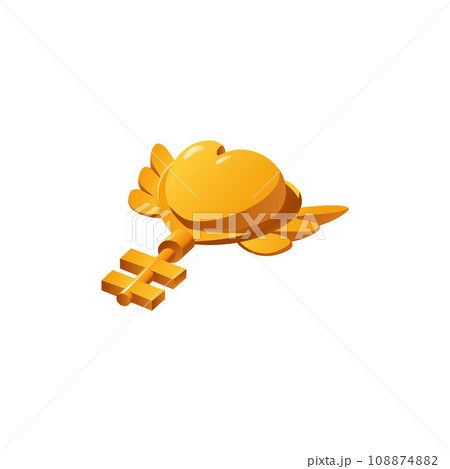 Golden key with heart and wings flat style, vector illustration 108874882