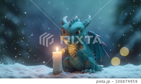 Funny cute dragon with candle for winter holidays and 2024 lunar new year celebration. Generated AI. 108874959