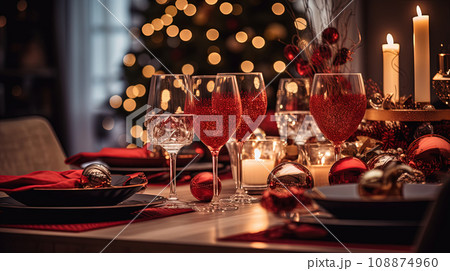 Christmas dinner table setting in winter holidays room. Generated AI. 108874960