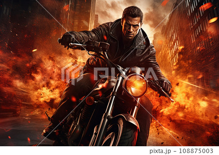 Action shot with man riding away from explosion on bike. Dynamic scene with fire in action movie blockbuster style. Generated AI. 108875003