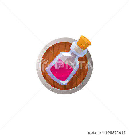 Bottle with potion on wooden plate, game icon, cartoon vector on white 108875011