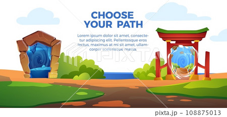 Game portal gates, banner with magic light in landscape, vector illustration 108875013