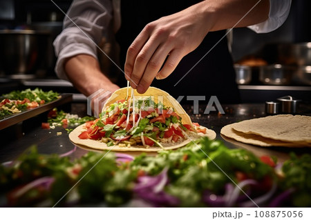 Chef assembling a gourmet taco with unique ingredients, capturing the precision and artistry of taco creation Chef assembling a gourmet taco with unique ingredients, capturing the precision and artistry of taco creation 108875056