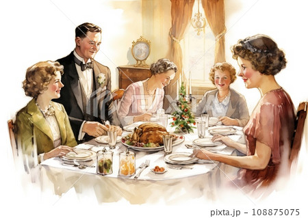 Vintage illustration of a family Christmas dinner Vintage illustration of a family Christmas dinner 108875075