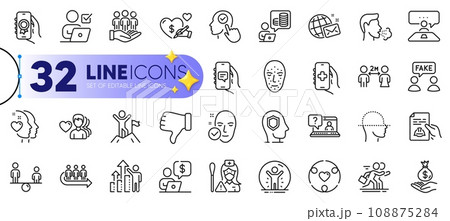 Outline set of Nurse, Social care and Queue line icons for web with Business person, Health skin, Fake information thin icon. Competition, Award app, Cough pictogram icon. Dislike hand. Vector 108875284