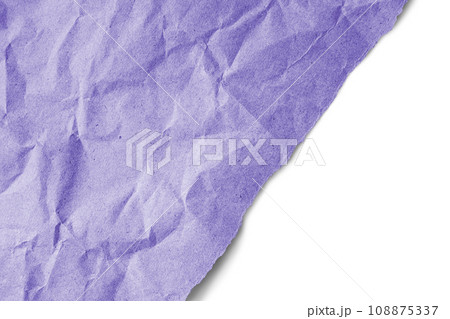 Recycled crumpled purple paper texture with a diagonal torn edge isolated on white background 108875337