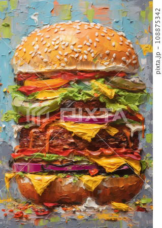 Painting of a tall burger in thick impasto technique in bold vibrant colors. Huge tasty double cheeseburger fast food. Painting of a tall burger in thick impasto technique in bold vibrant colors. Huge tasty double cheeseburger fast food. 108875342