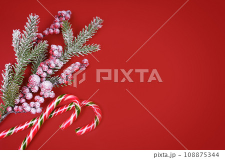 Christmas tree branch decorated with snow and berries and candy cane on red background. Christmas tree branch decorated with snow and berries and candy cane on red background. 108875344