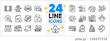 Icons set of New house, Strategy and Diesel canister line icons pack for app with Open door, Charging time, Floor plan thin outline icon. Skyscraper buildings, Help, Co2 pictogram. Vector Icons set of New house, Strategy and Diesel canister line icons pack for app with Open door, Charging time, Floor plan thin outline icon. Skyscraper buildings, Help, Co2 pictogram. Vector 108875358