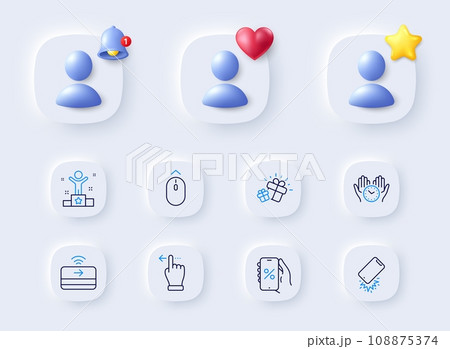 Contactless payment, Discounts app and Touchscreen gesture line icons. Placeholder with 3d bell, star, heart. Pack of Swipe up, Gift, Safe time icon. Smartphone broken, Winner pictogram. Vector Contactless payment, Discounts app and Touchscreen gesture line icons. Placeholder with 3d bell, star, heart. Pack of Swipe up, Gift, Safe time icon. Smartphone broken, Winner pictogram. Vector 108875374