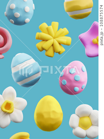 Easter holiday background with plasticine molded eggs and flowers. Easter holiday background with plasticine molded eggs and flowers. 108875574