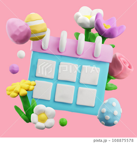 Beautiful composition with 3D plasticine calendar, spring flowers and painted Easter eggs, vector Happy Easter design Beautiful composition with 3D plasticine calendar, spring flowers and painted Easter eggs, vector Happy Easter design 108875578