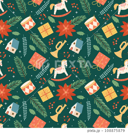 Seamless Christmas and New Year pattern with various Christmas decorations. 108875879