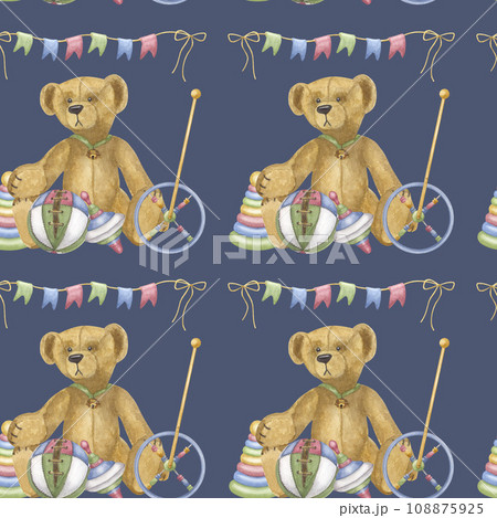 Baby antique toy seamless pattern, teddy bear, ball, spinning top, flags doll, horse, boat, game little boy girl. Hand drawn watercolor illustration blue background. Packaging, paper, textiles 108875925