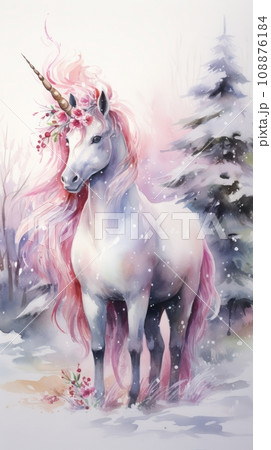Magical winter forest with Unicorn 108876184