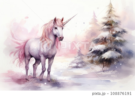 Magical winter forest with Unicorn 108876191