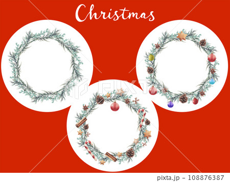 クリスマスの円形リースのセット、水彩タッチのイラスト クリスマスの円形リースのセット、水彩タッチのイラスト 108876387