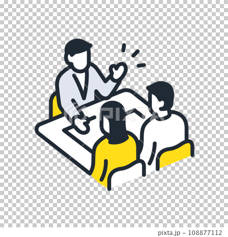 ビジネスマンへ相談する若い夫婦のシンプルなベクターアイコンイラスト素材 ビジネスマンへ相談する若い夫婦のシンプルなベクターアイコンイラスト素材 108877112