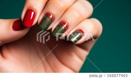 Closeup Female Hands with Red and Green Sparkling Nail Polish Design, Manicure for Christmas Or New Year Eve on Green Background. AI Generated 108877403