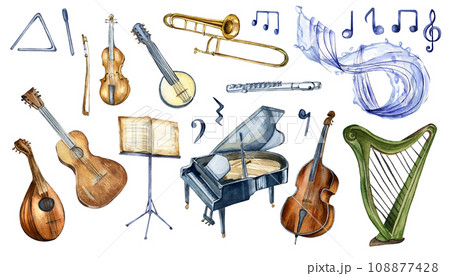 Set of classical musical instruments watercolor illustration isolated on white background. Hand drawn piano, harp, treble clef. Elements for a music project. Painted flute, mandolin and violin Set of classical musical instruments watercolor illustration isolated on white background. Hand drawn piano, harp, treble clef. Elements for a music project. Painted flute, mandolin and violin 108877428