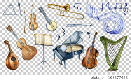 Set of classical musical instruments watercolor illustration isolated on white background. Hand drawn piano, harp, treble clef. Elements for a music project. Painted flute, mandolin and violin Set of classical musical instruments watercolor illustration isolated on white background. Hand drawn piano, harp, treble clef. Elements for a music project. Painted flute, mandolin and violin 108877428