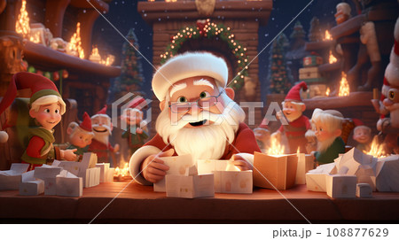 Santa Claus amidst an array of decorations, with cheerful elves in the background - image related to magic Xmas - Generative AI 108877629