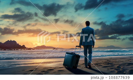 man with suitcase standing on beach, storytelling concept - generative AI 108877639