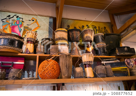 variation of ethnic drums. big sortiment of African drums in Arusha shop 108877652