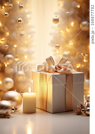 Holiday-themed still life with candles, Christmas decorations, and gifts, cozy intimacy feeling - Generative AI 108877782