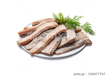 Salted Herring Fillet Isolated, Raw Pickled Fish Meat, Marinated Herring on White Background 108877797