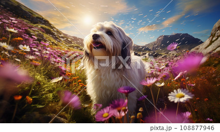 Lively dog in nature settings, full of flowers and glowing sunlight - generative AI 108877946