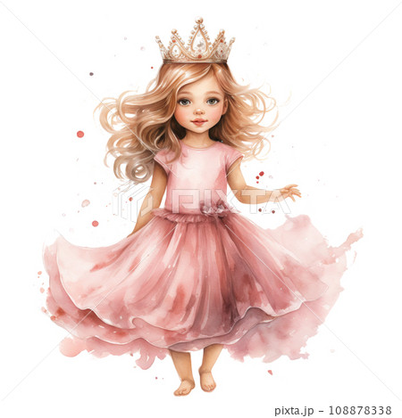 cute watercolor princell in pink dress and gold crown isolated 108878338