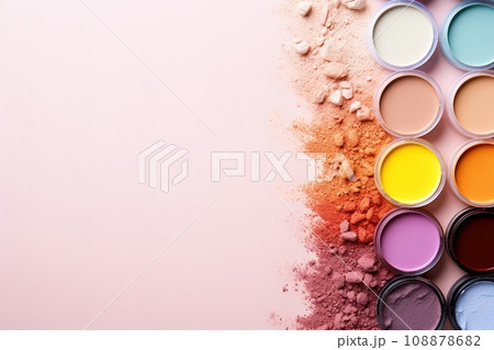 top view mockup cosmetic items with on copy-space pastel colored table top view mockup cosmetic items with on copy-space pastel colored table 108878682