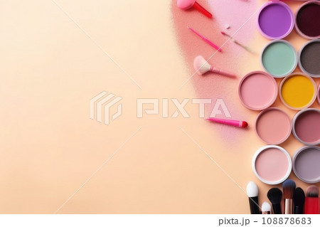 top view mockup cosmetic items with on copy-space pastel colored table 108878683