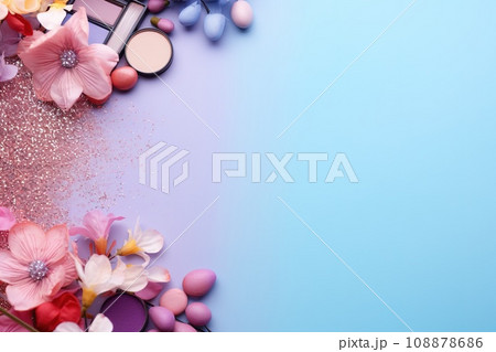 top view mockup cosmetic items with on copy-space pastel colored table top view mockup cosmetic items with on copy-space pastel colored table 108878686