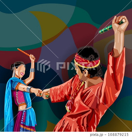 An Indian man and woman dancing Dandiya on colorful polygonal background An Indian man and woman dancing Dandiya on colorful polygonal background 108879215