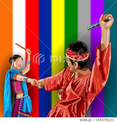 A Indian man and woman dancing Dandiya on colorful background 108879221