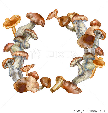 Edible mushrooms. Round frame made of different types of mushrooms. For printing labels, menus, packaging of mushroom products, website design, printing on dishes. Frame with space for inserting text. Edible mushrooms. Round frame made of different types of mushrooms. For printing labels, menus, packaging of mushroom products, website design, printing on dishes. Frame with space for inserting text. 108879464