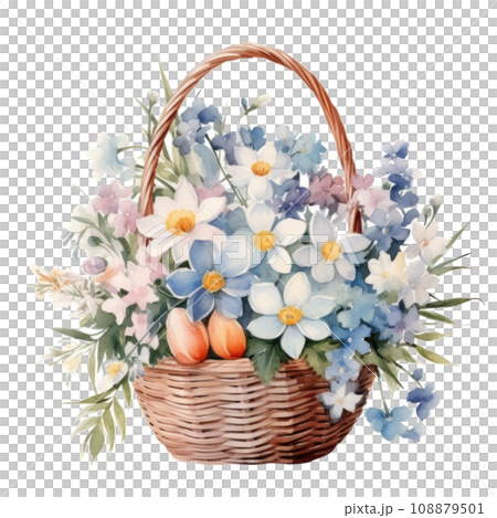 watercolor basket with flowers and eggs isolatedのイラスト素材