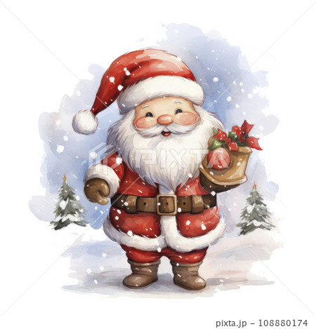 santa clause illustration in watercolor with grin and hat 108880174