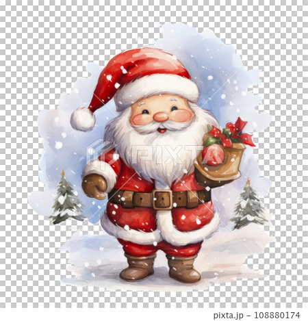 santa clause illustration in watercolor with grin and hat 108880174