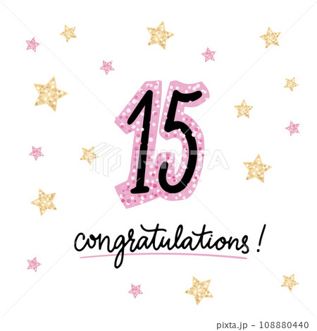 15 years anniversary banner, numbers in pink glitter and golden stars on white background. 15 years anniversary banner, numbers in pink glitter and golden stars on white background. 108880440