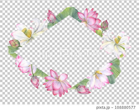 Rhomb frame with Indian sacred lotus flower, buds, leaves. Vietnamese national flowers. Space for text. Watercolor illustration for greetings, invitation, postcard design Rhomb frame with Indian sacred lotus flower, buds, leaves. Vietnamese national flowers. Space for text. Watercolor illustration for greetings, invitation, postcard design 108880577