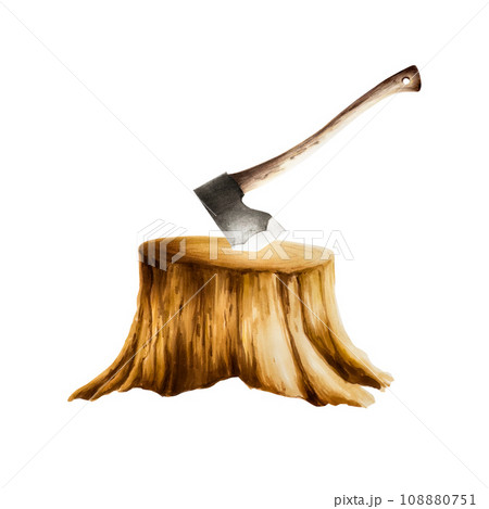 Marker illustration of camping axe in wooden stump. Watercolor style. Mountin equipment for recreation tourism and adverture isolated on white background. Clip art for autumn and winter decor. For 108880751
