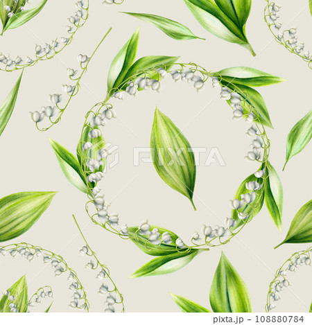 Watercolor seamless pattern with bouquets of lilies of the valley flowers isolated on background. Spring hand painted illustration. For designers, wedding, decoration, postcards, wrapping paper, Watercolor seamless pattern with bouquets of lilies of the valley flowers isolated on background. Spring hand painted illustration. For designers, wedding, decoration, postcards, wrapping paper, 108880784