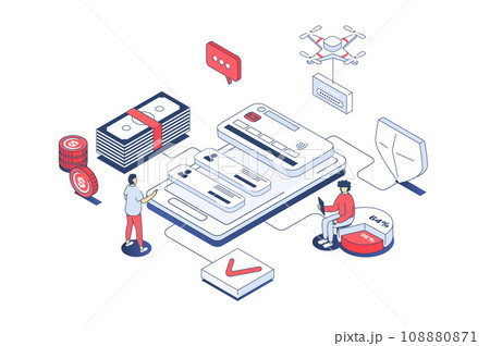 Mobile wallet app concept in 3d isometric design. Clients managing personal financial credit cards and accounts in online banking. Illustration with isometry people scene for web graphic. Mobile wallet app concept in 3d isometric design. Clients managing personal financial credit cards and accounts in online banking. Illustration with isometry people scene for web graphic. 108880871