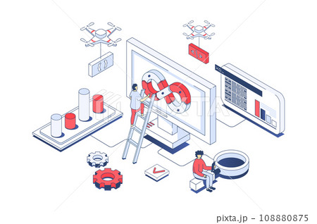 DevOps concept in 3d isometric design. Developer team working in agile processes and programming automations for creating products. Illustration with isometry people scene for web graphic. DevOps concept in 3d isometric design. Developer team working in agile processes and programming automations for creating products. Illustration with isometry people scene for web graphic. 108880875