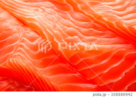 Closeup of the salmon slices with a red streaked texture. Macro photo of natural Atlantic Norwegian trout fillet Closeup of the salmon slices with a red streaked texture. Macro photo of natural Atlantic Norwegian trout fillet 108880942